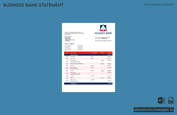 Beispiel eines Kontoauszugs für Firmenkunden der Alliance Bank (Word- und PDF-Datei)